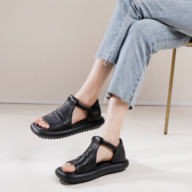 Vintage Genuine Leather Peep Toe Sandals for Women