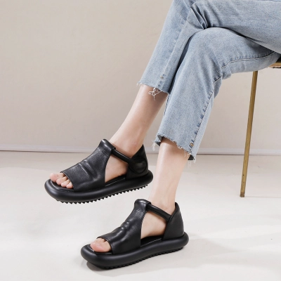 Vintage Genuine Leather Peep Toe Sandals for Women 01