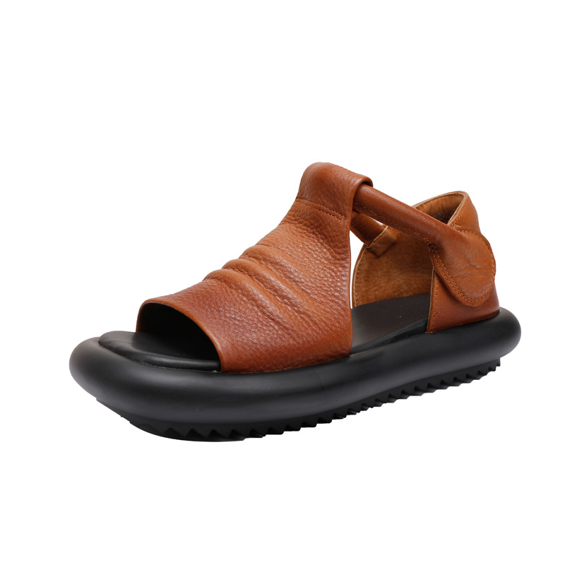 Vintage Genuine Leather Peep Toe Sandals for Women