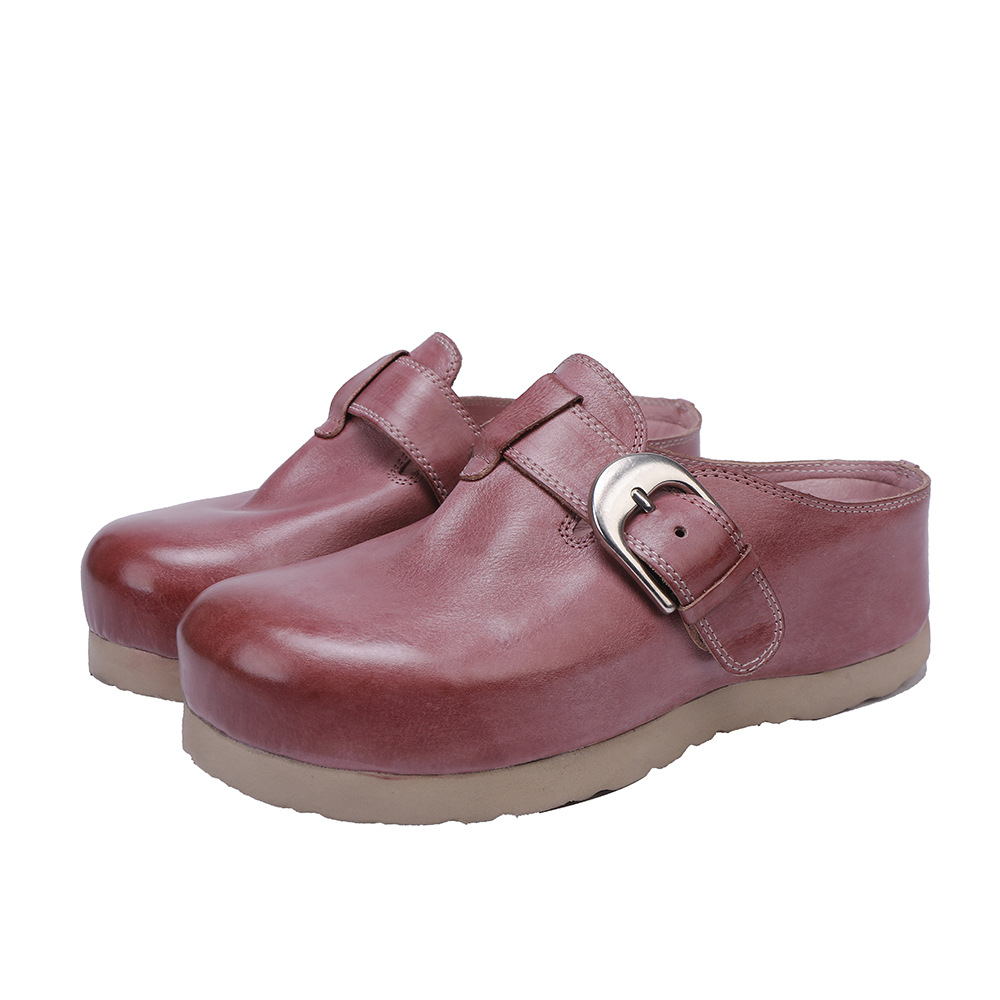 Vintage Cowhide Genuine Leather Closed Toe Birkenstock Style Slippers for Women