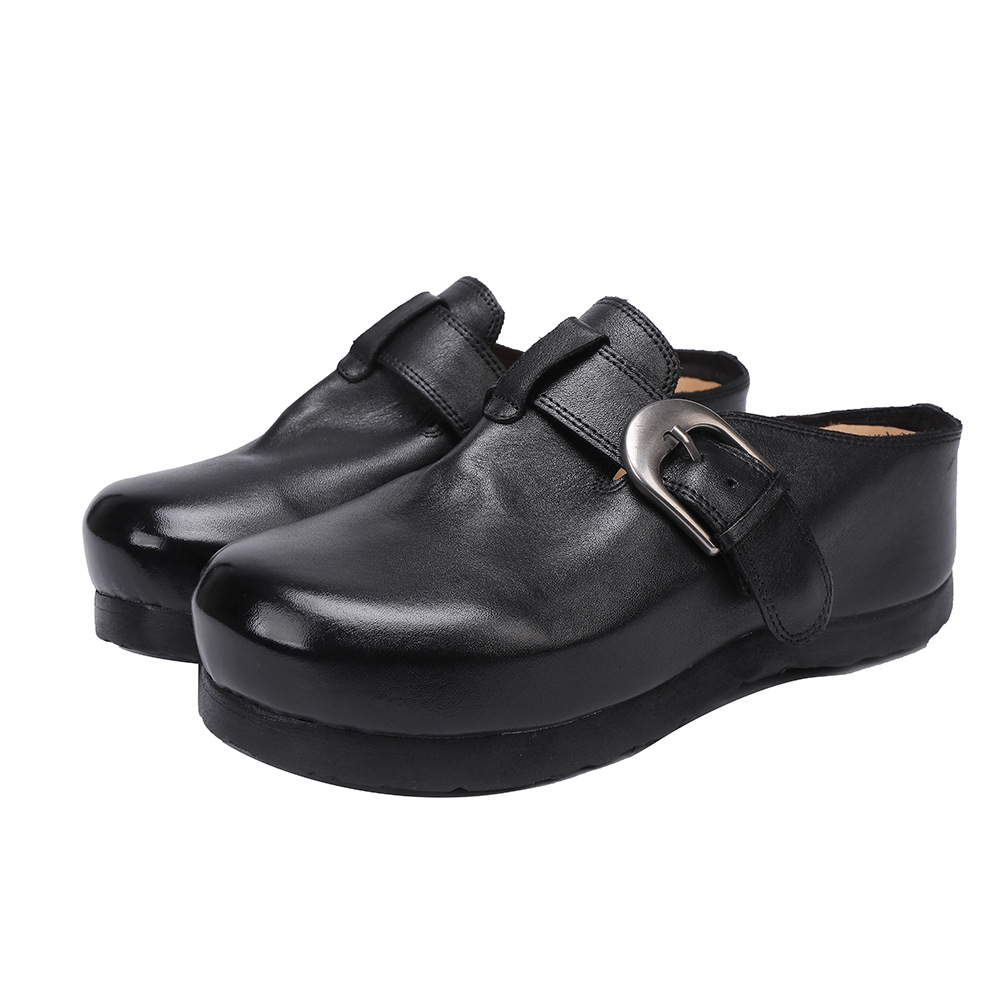 Vintage Cowhide Genuine Leather Closed Toe Birkenstock Style Slippers for Women