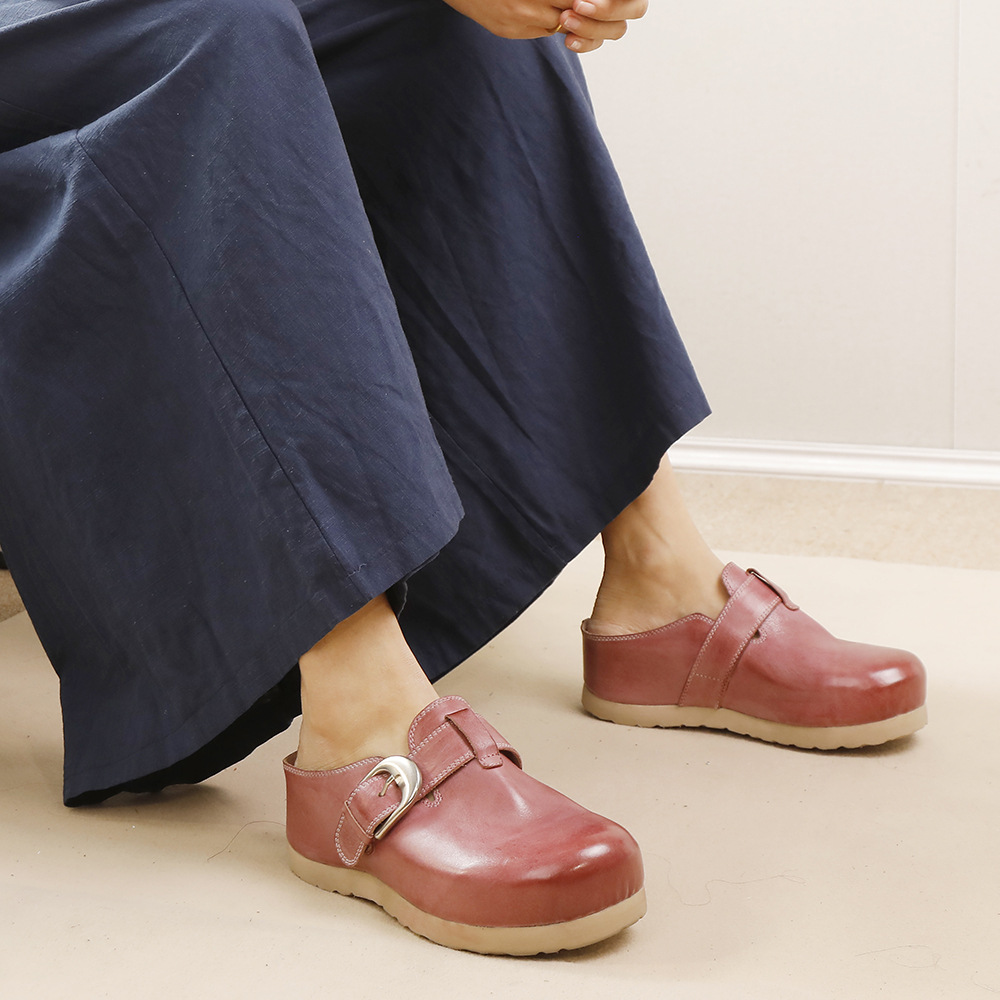 Vintage Cowhide Genuine Leather Closed Toe Birkenstock Style Slippers for Women