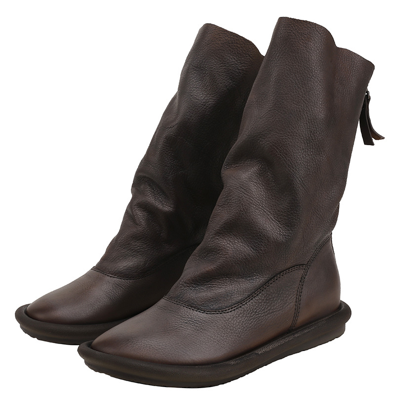 Round Toe Hand-Antiqued Mid-Calf Reverse Boots