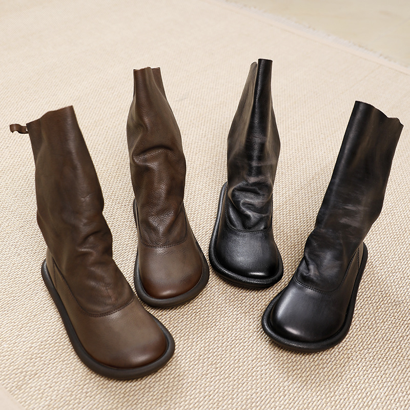 Round Toe Hand-Antiqued Mid-Calf Reverse Boots