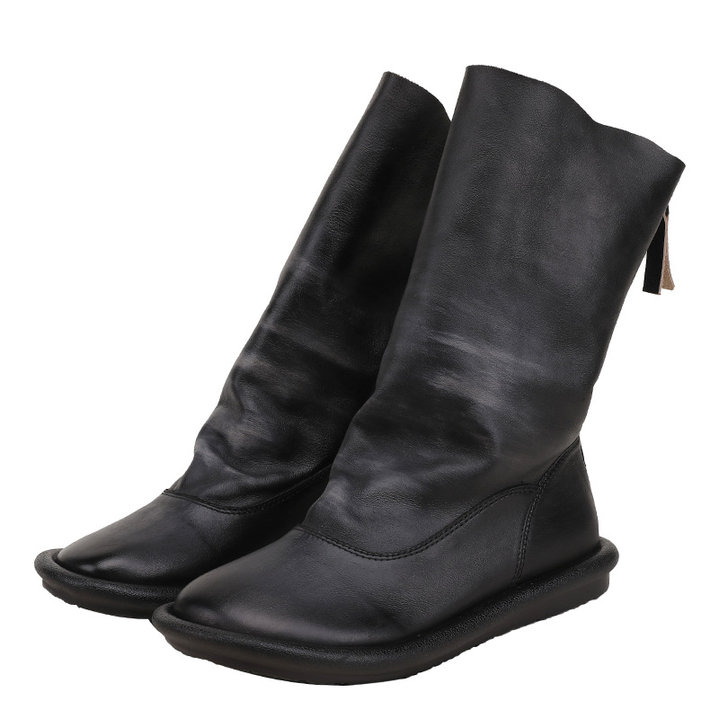Round Toe Hand-Antiqued Mid-Calf Reverse Boots