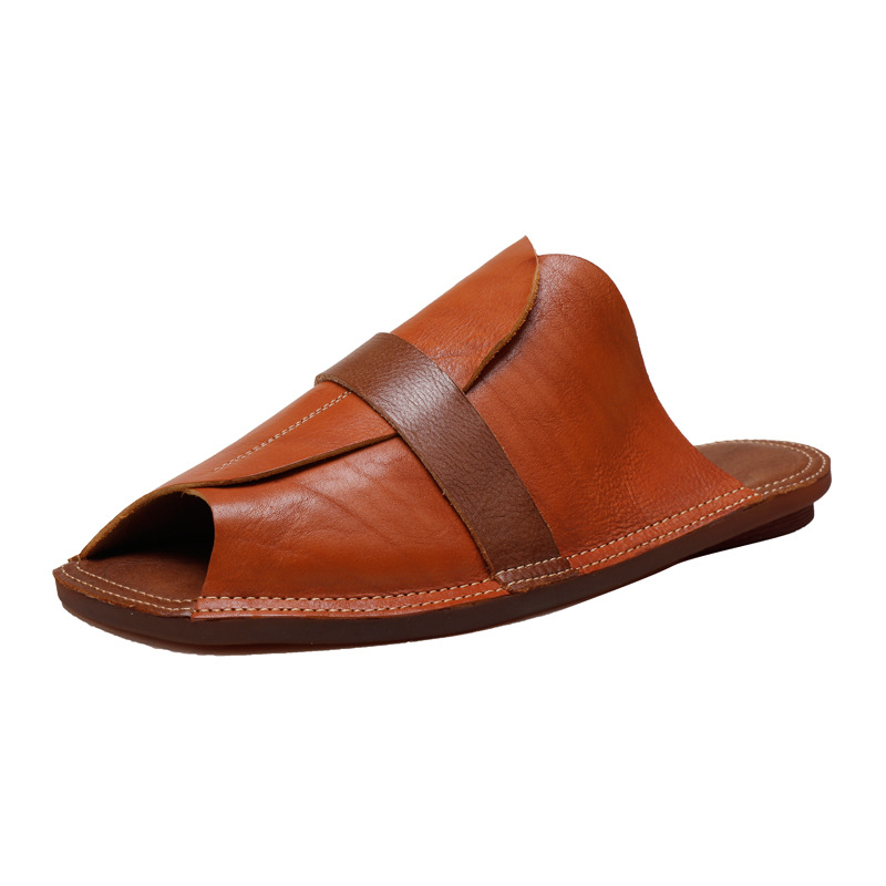 Genuine Leather Square Toe Color Block Soft Sole & Upper Peep Toe Sandal Slippers for Women