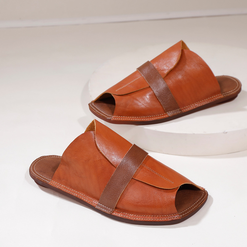 Genuine Leather Square Toe Color Block Soft Sole & Upper Peep Toe Sandal Slippers for Women