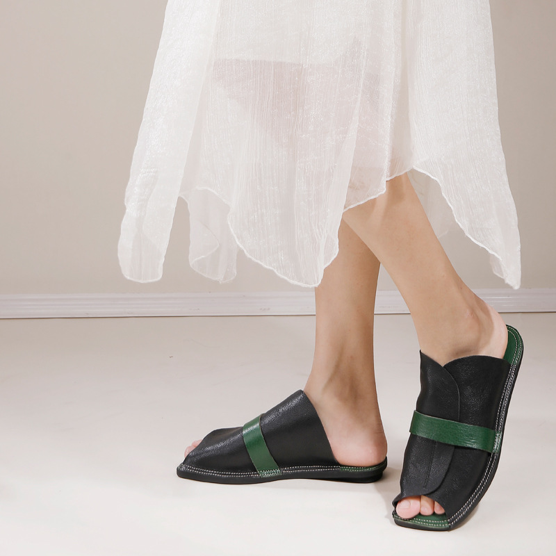 Genuine Leather Square Toe Color Block Soft Sole & Upper Peep Toe Sandal Slippers for Women
