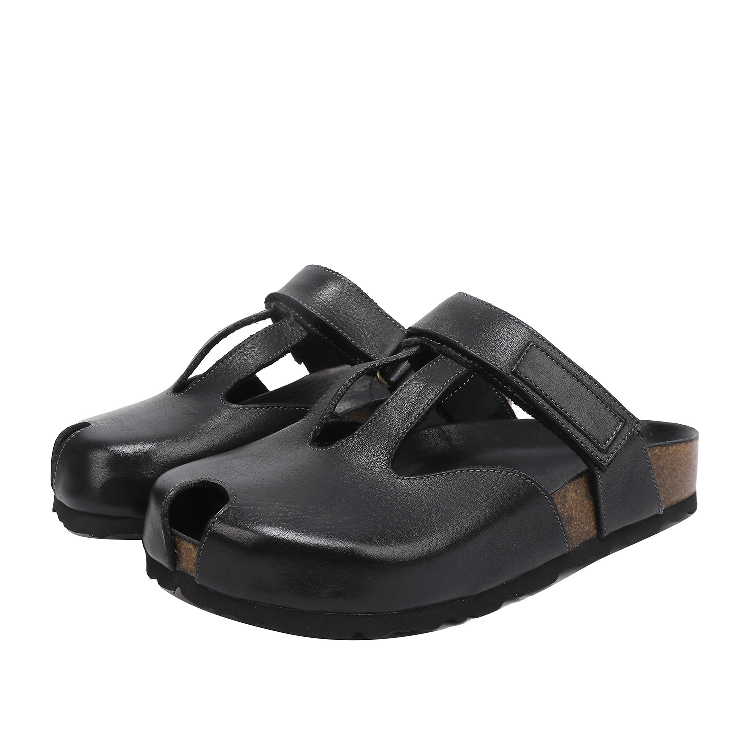 Washed Leather Slip-On Peep Toe Thick Sole Birkenstock Style Slides Half Slippers