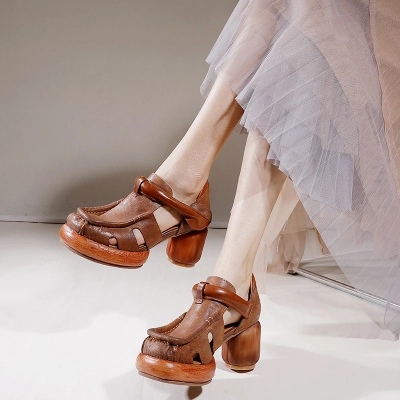 Waterproof Platform Calf Leather Comfort Handmade Sandals 02