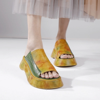 Genuine Leather Unique Vintage Thick Sole Breathable Outdoor Sandal Slippers 01