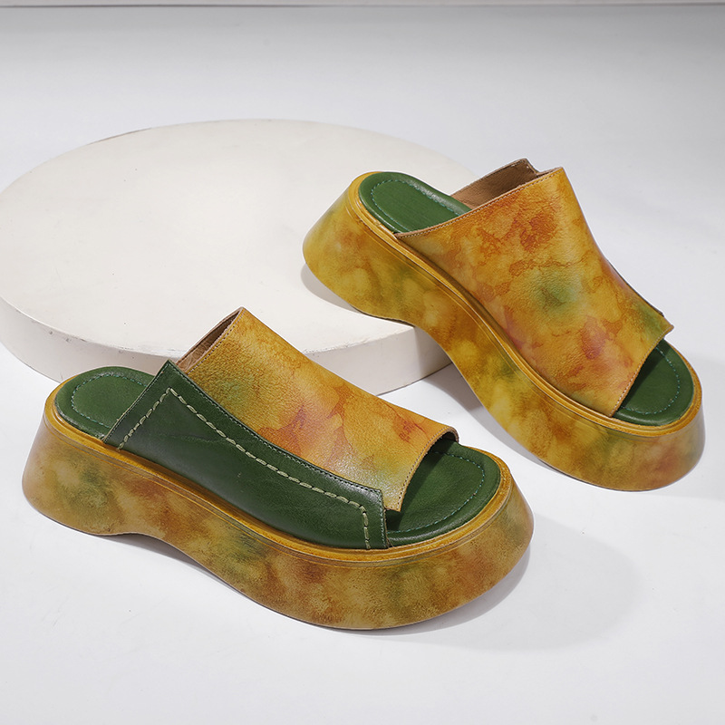 Genuine Leather Unique Vintage Thick Sole Breathable Outdoor Sandal Slippers