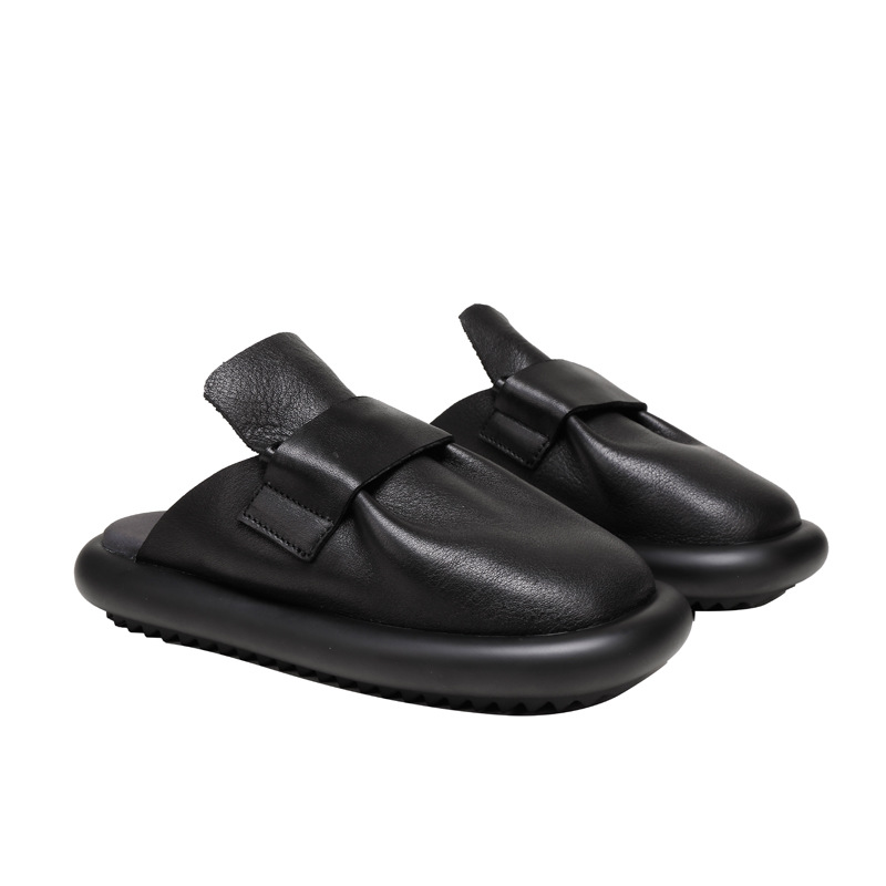 Square Toe Genuine Leather Solid Color Casual Outdoor Slippers