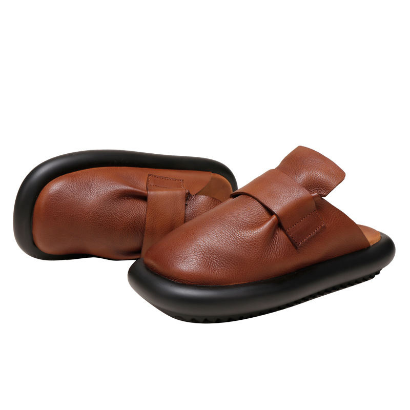 Square Toe Genuine Leather Solid Color Casual Outdoor Slippers