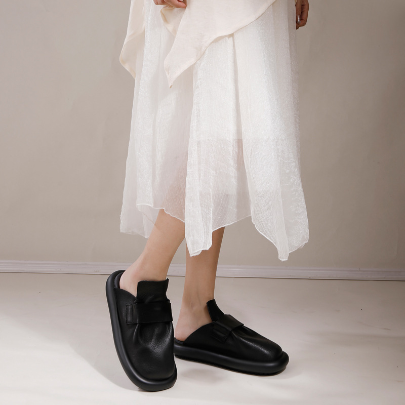 Square Toe Genuine Leather Solid Color Casual Outdoor Slippers