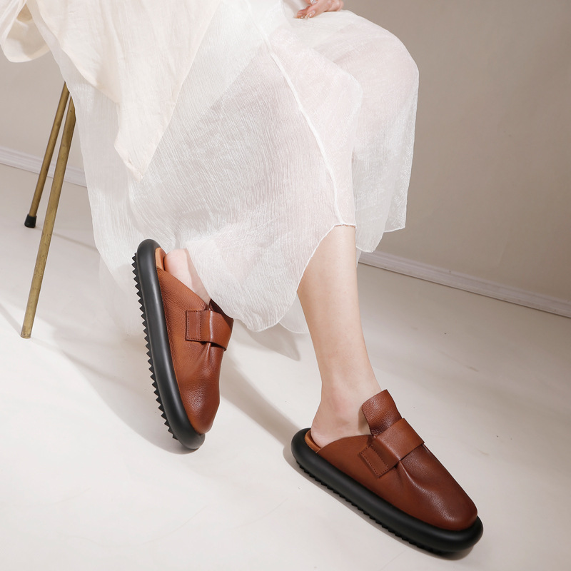 Square Toe Genuine Leather Solid Color Casual Outdoor Slippers