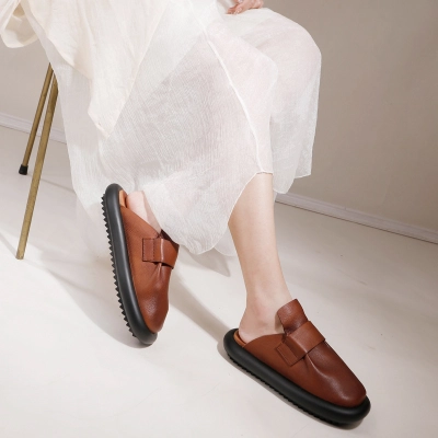 Square Toe Genuine Leather Solid Color Casual Outdoor Slippers 02