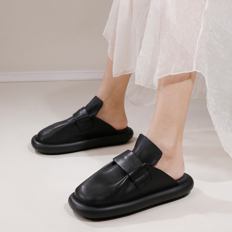Square Toe Genuine Leather Solid Color Casual Outdoor Slippers