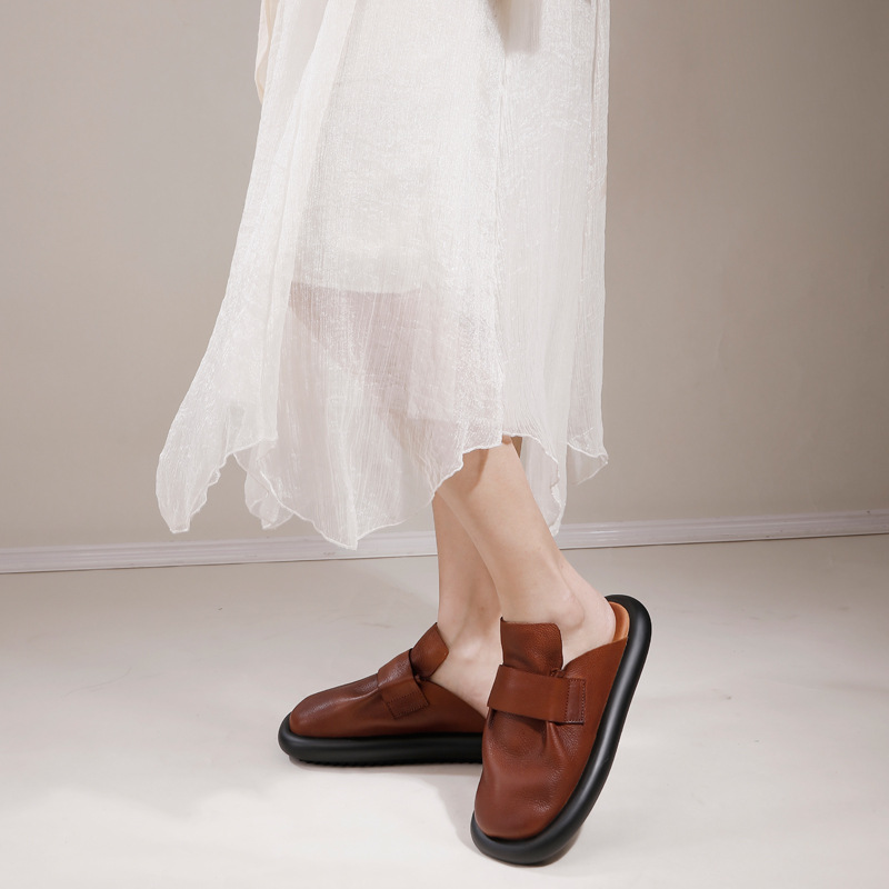 Square Toe Genuine Leather Solid Color Casual Outdoor Slippers