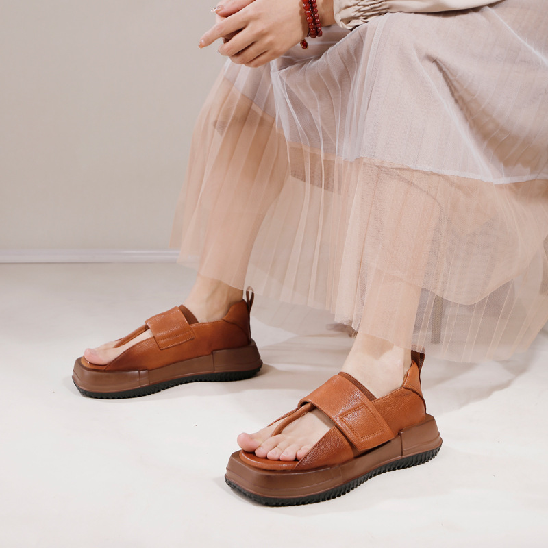 Vintage Casual Toe Post Sandals Square Toe Genuine Leather Comfort Velcro Shoes