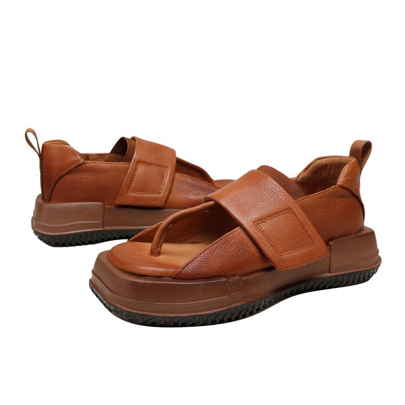 Vintage Casual Toe Post Sandals Square Toe Genuine Leather Comfort Velcro Shoes