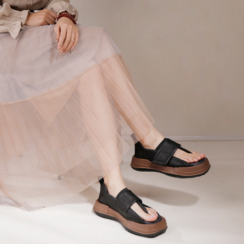 Vintage Casual Toe Post Sandals Square Toe Genuine Leather Comfort Velcro Shoes