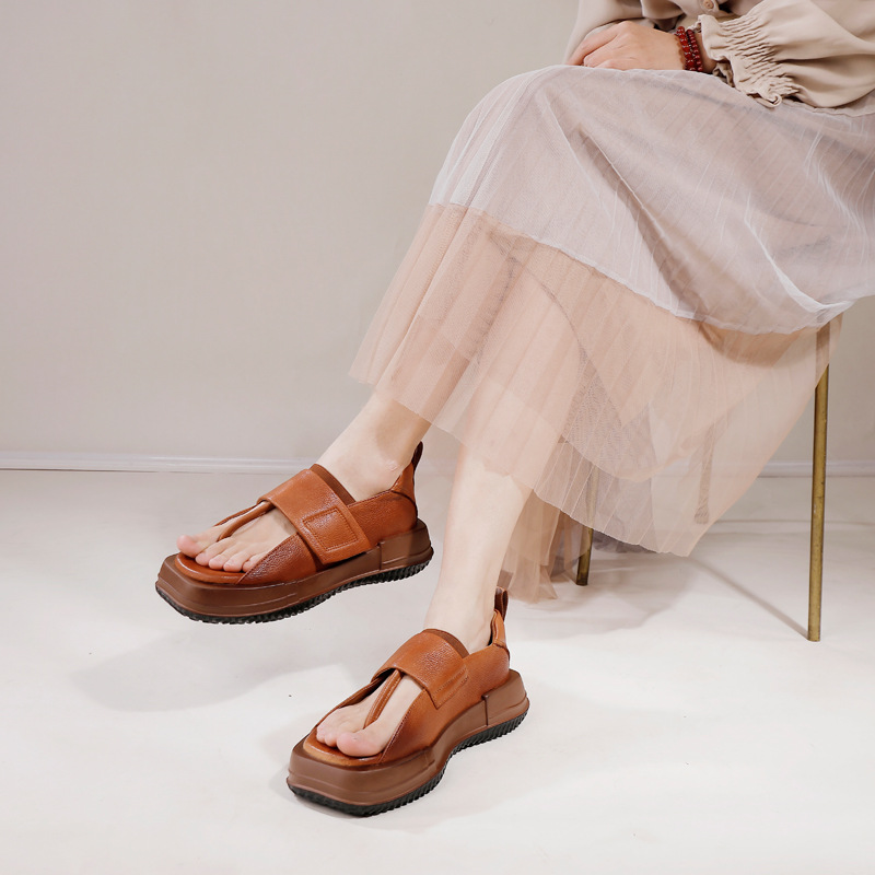 Vintage Casual Toe Post Sandals Square Toe Genuine Leather Comfort Velcro Shoes