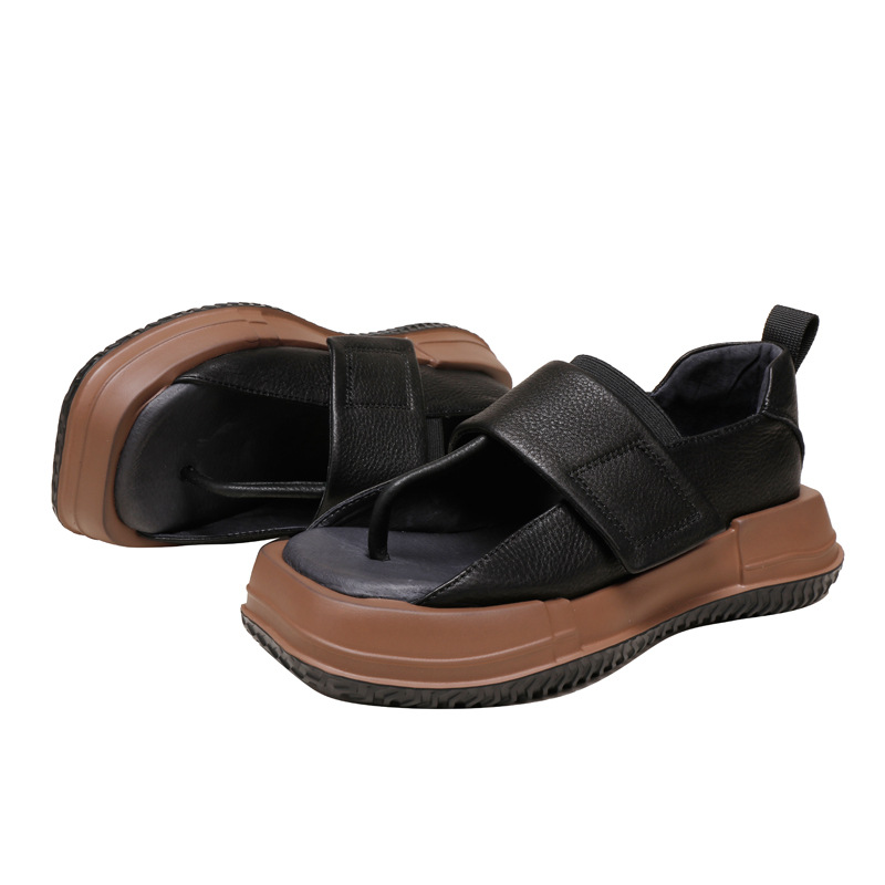 Vintage Casual Toe Post Sandals Square Toe Genuine Leather Comfort Velcro Shoes