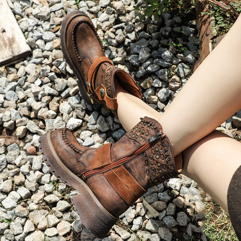 Genuine Leather Thick Sole Studded Mid-Calf Boots