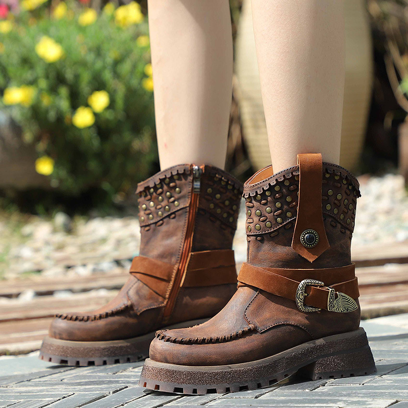 Genuine Leather Thick Sole Studded Mid-Calf Boots