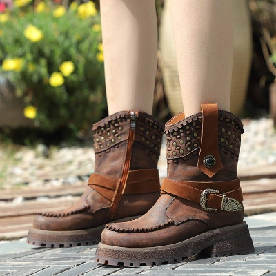 Genuine Leather Thick Sole Studded Mid-Calf Boots 01