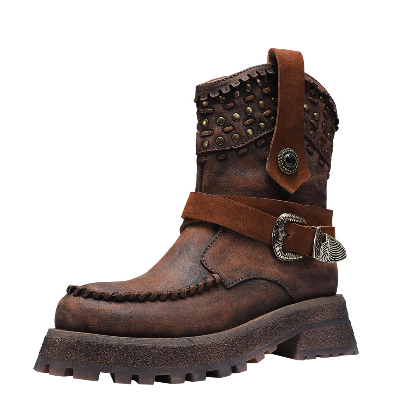 Genuine Leather Thick Sole Studded Mid-Calf Boots
