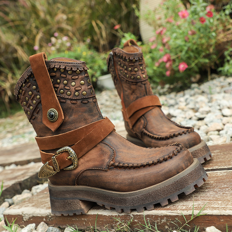 Genuine Leather Thick Sole Studded Mid-Calf Boots