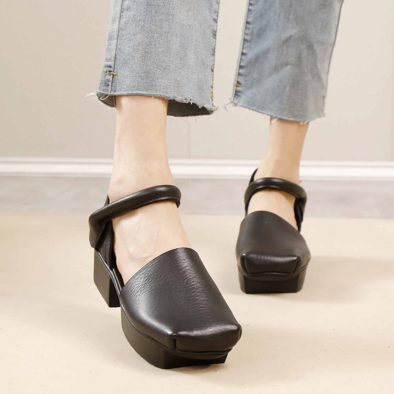 Genuine Leather Hook and Loop Retro Court Sole Hollow Sandals