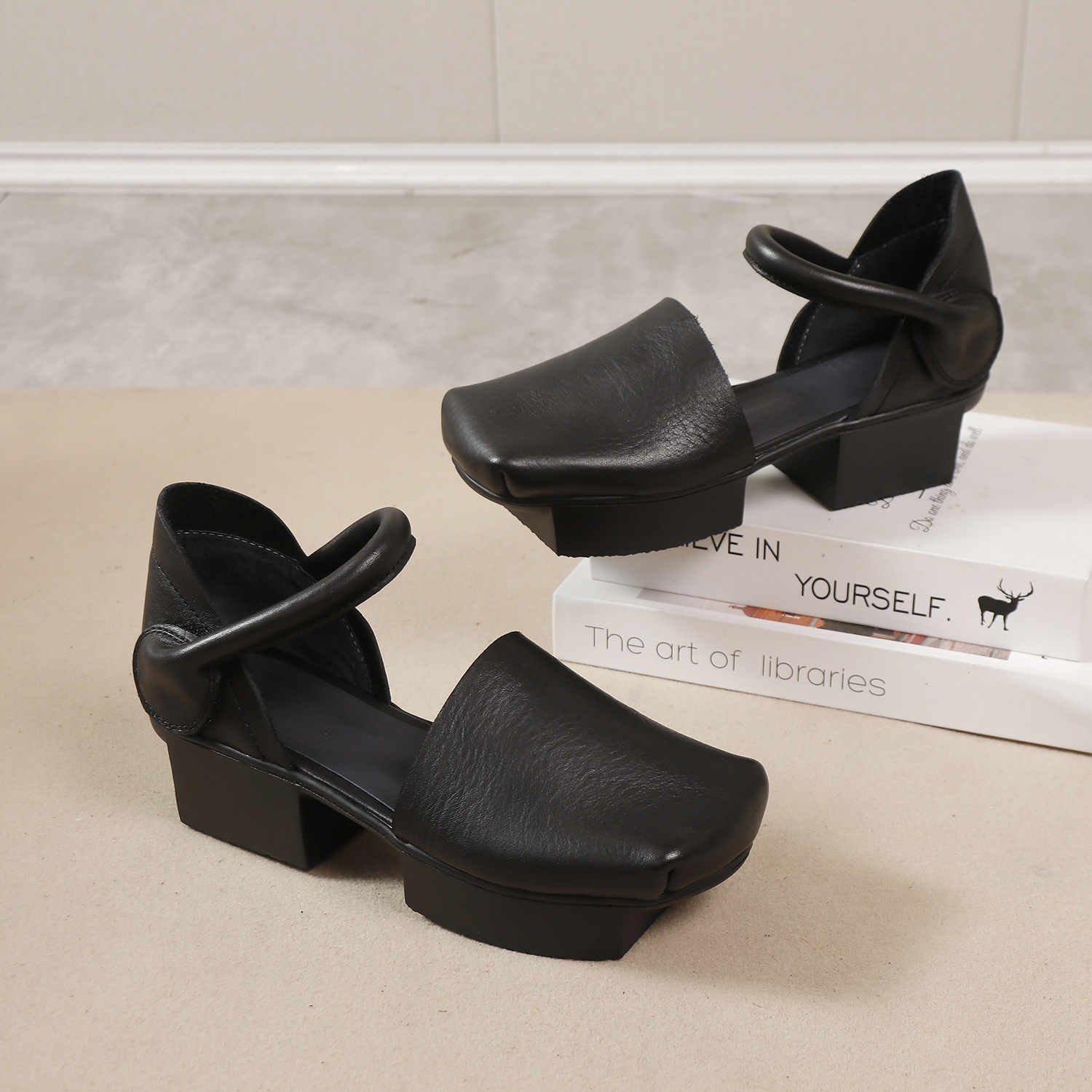 Genuine Leather Hook and Loop Retro Court Sole Hollow Sandals