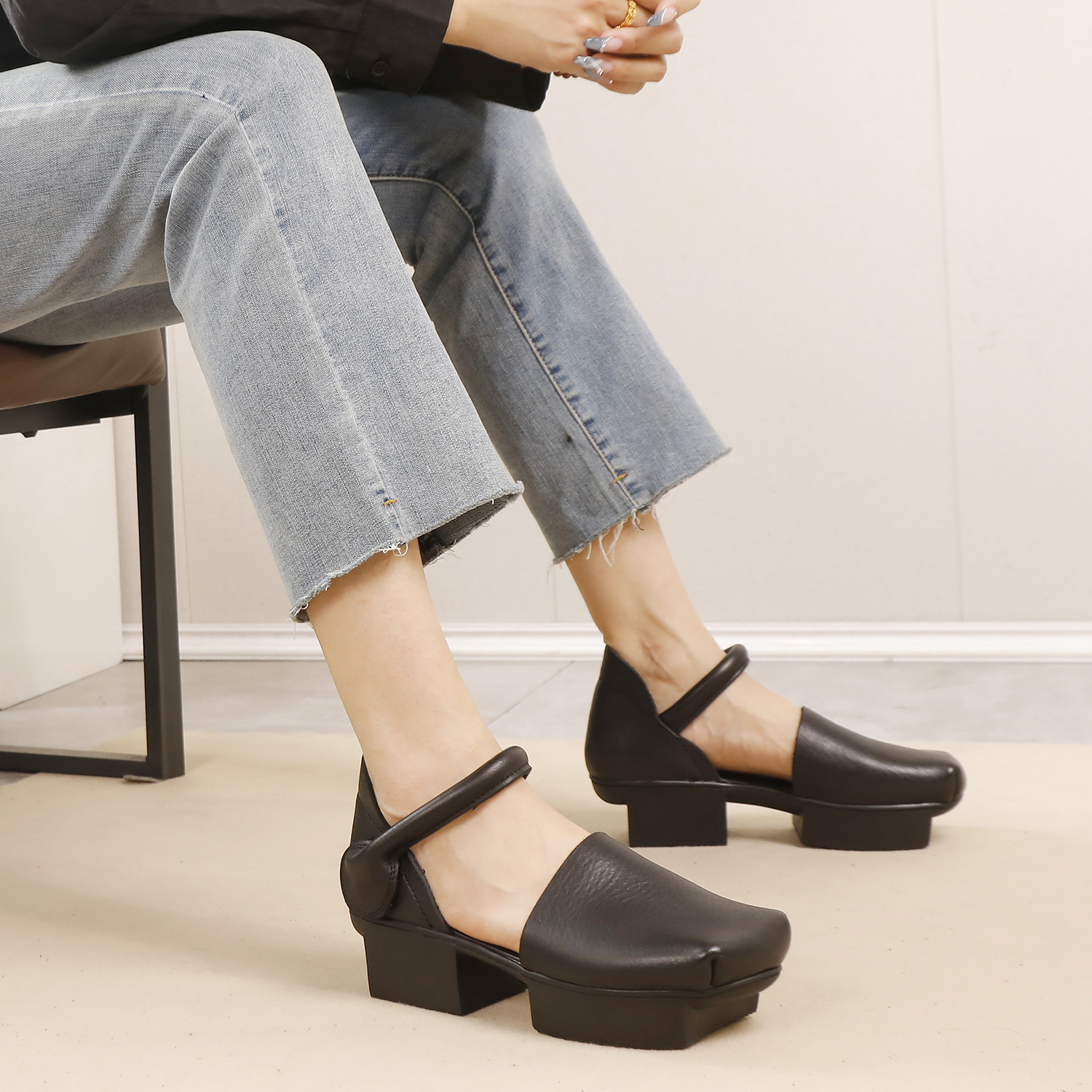 Genuine Leather Hook and Loop Retro Court Sole Hollow Sandals