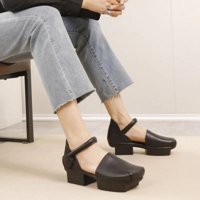 Genuine Leather Hook and Loop Retro Court Sole Hollow Sandals 02