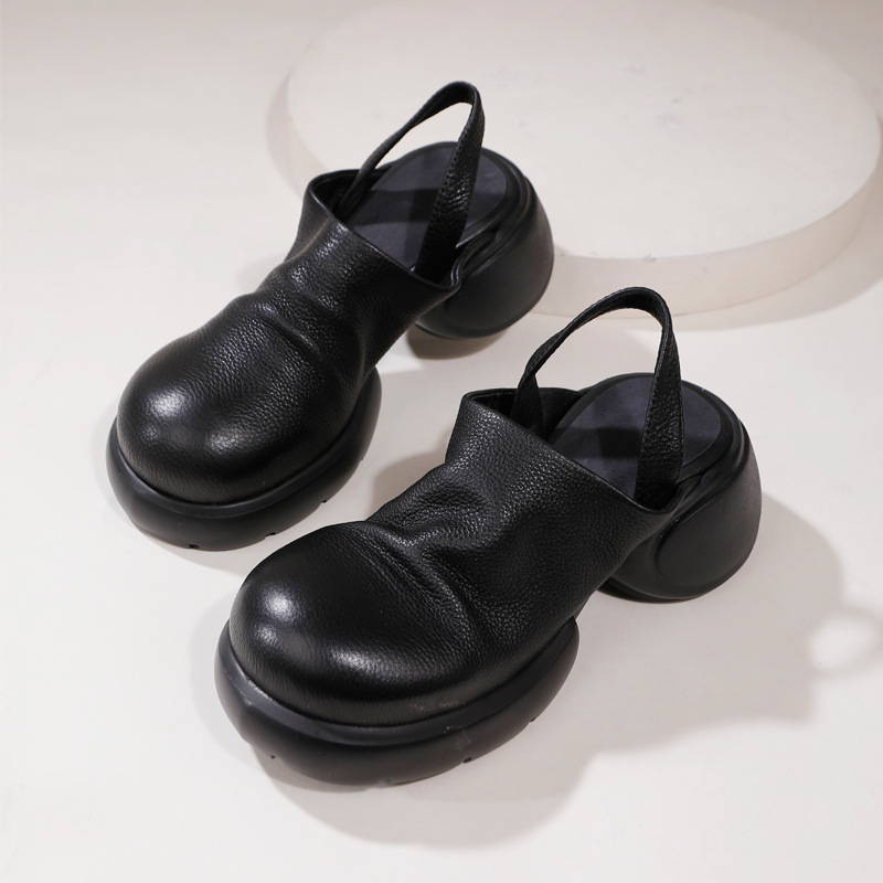 Thick Sole Chunky Heel Slip-On Genuine Leather Comfort Closed Toe Sandals