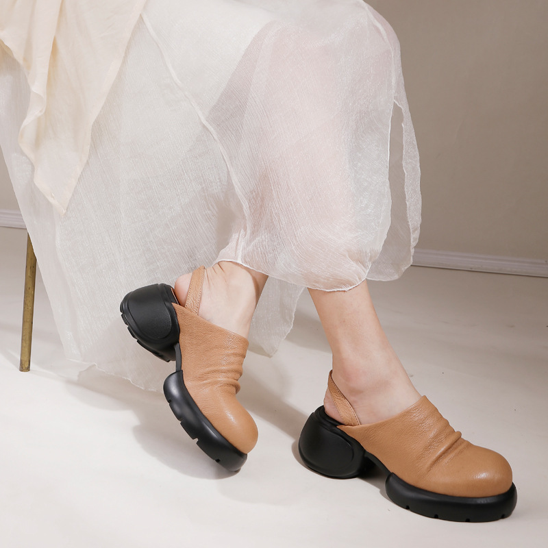 Thick Sole Chunky Heel Slip-On Genuine Leather Comfort Closed Toe Sandals