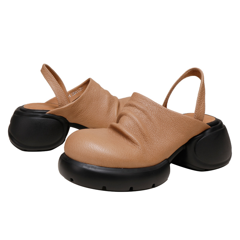 Thick Sole Chunky Heel Slip-On Genuine Leather Comfort Closed Toe Sandals