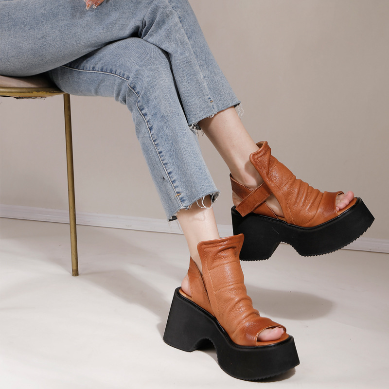 Vintage Comfort Casual Peep Toe Thick Sole Genuine Leather Sandal Boots