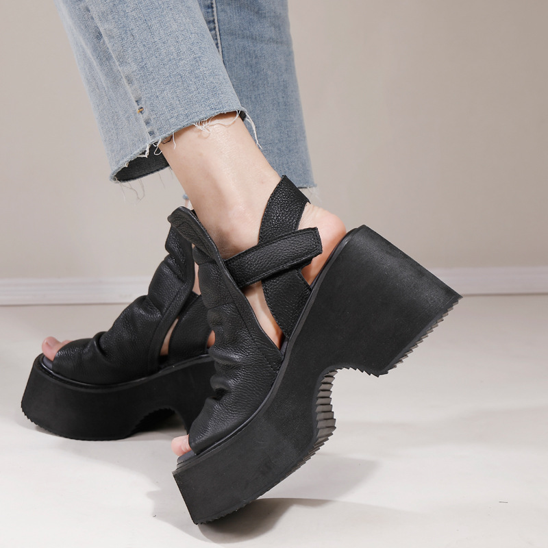 Vintage Comfort Casual Peep Toe Thick Sole Genuine Leather Sandal Boots