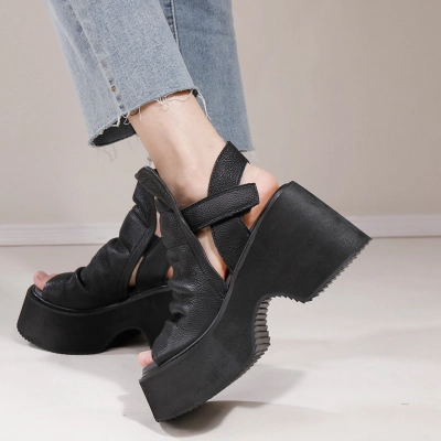 Vintage Comfort Casual Peep Toe Thick Sole Genuine Leather Sandal Boots 02