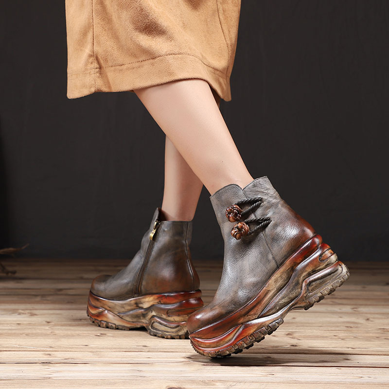 Wedge Thick Sole Mid-Calf Boots for Women - Vintage Antique Finish Top Grain Leather Boots
