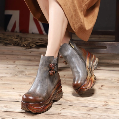 Wedge Thick Sole Mid-Calf Boots for Women - Vintage Antique Finish Top Grain Leather Boots 02