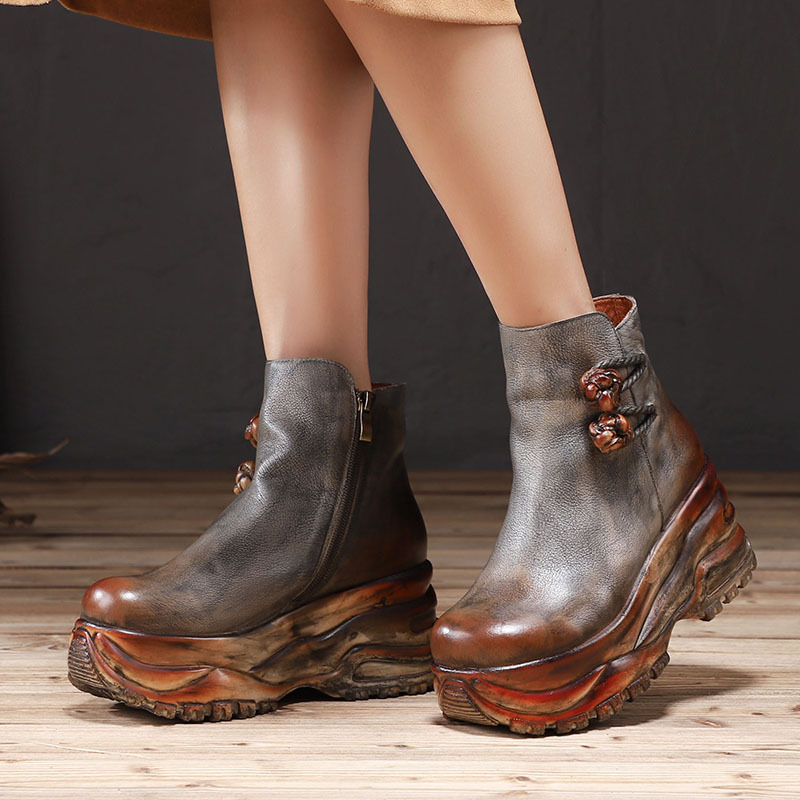 Wedge Thick Sole Mid-Calf Boots for Women - Vintage Antique Finish Top Grain Leather Boots