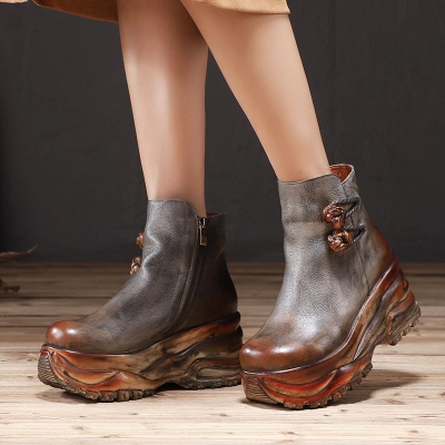 Wedge Thick Sole Mid-Calf Boots for Women - Vintage Antique Finish Top Grain Leather Boots 01