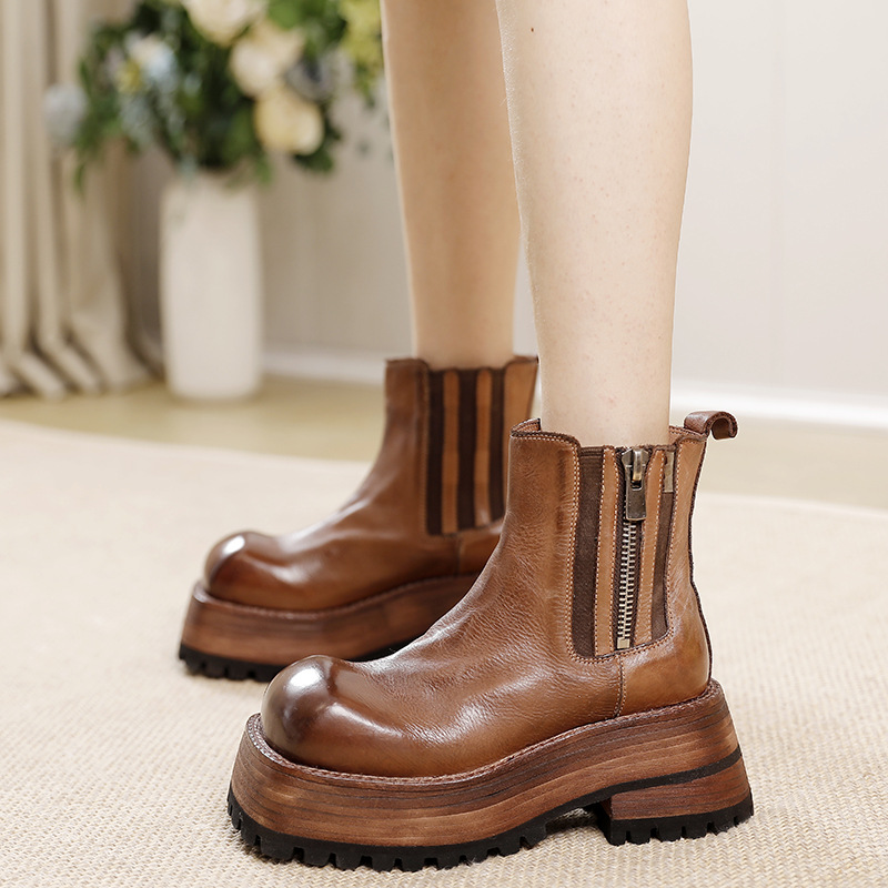 Vintage Genuine Leather Heavy Sole Mid-Calf Boots