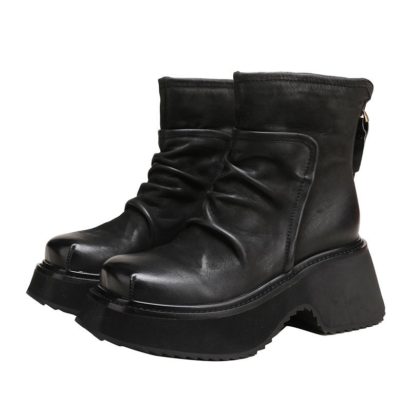 Solid Color Handmade Round Toe Washed Short Boots