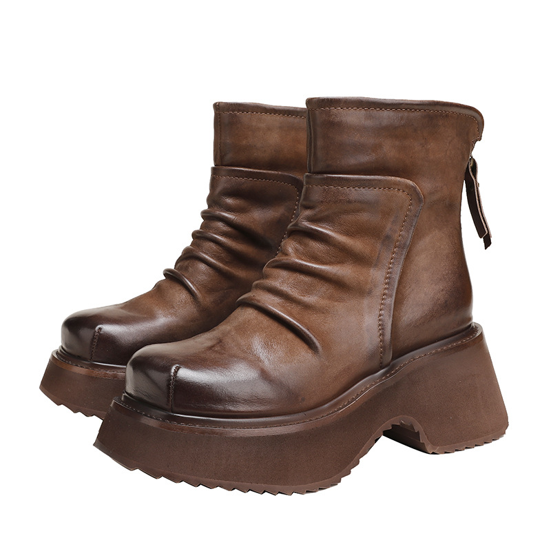 Solid Color Handmade Round Toe Washed Short Boots